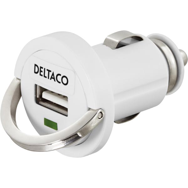 Deltaco USB minilaturi autoon, USB A naaras, 2.1A, valkoinen
